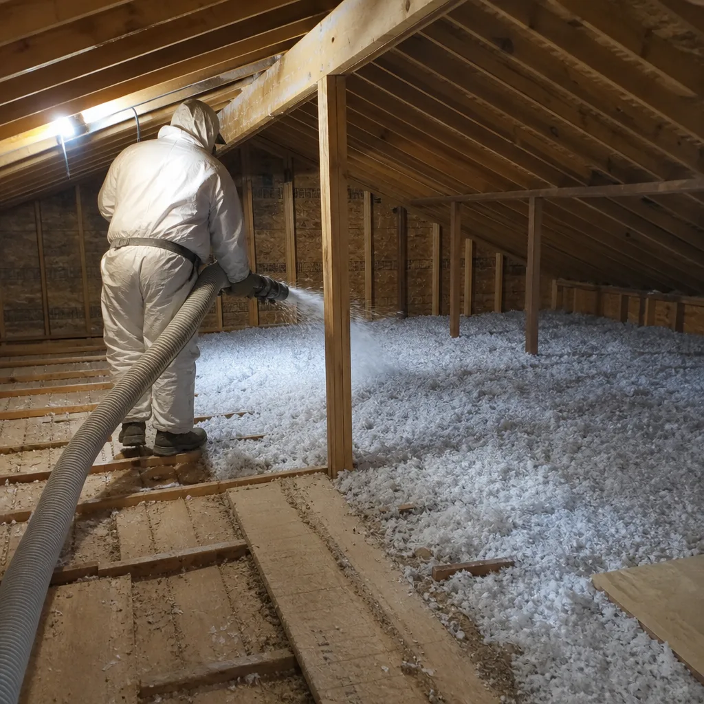 Technician blowing loose-fill insulation into an attic for energy efficiency