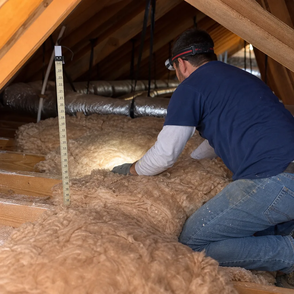 Technician using a ruler to check attic insulation depth
