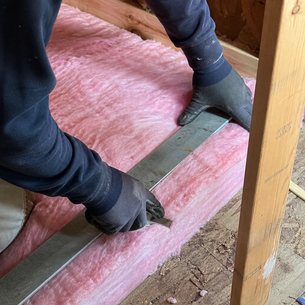 Worker cutting pink fiberglass attic insulation with a metal guide