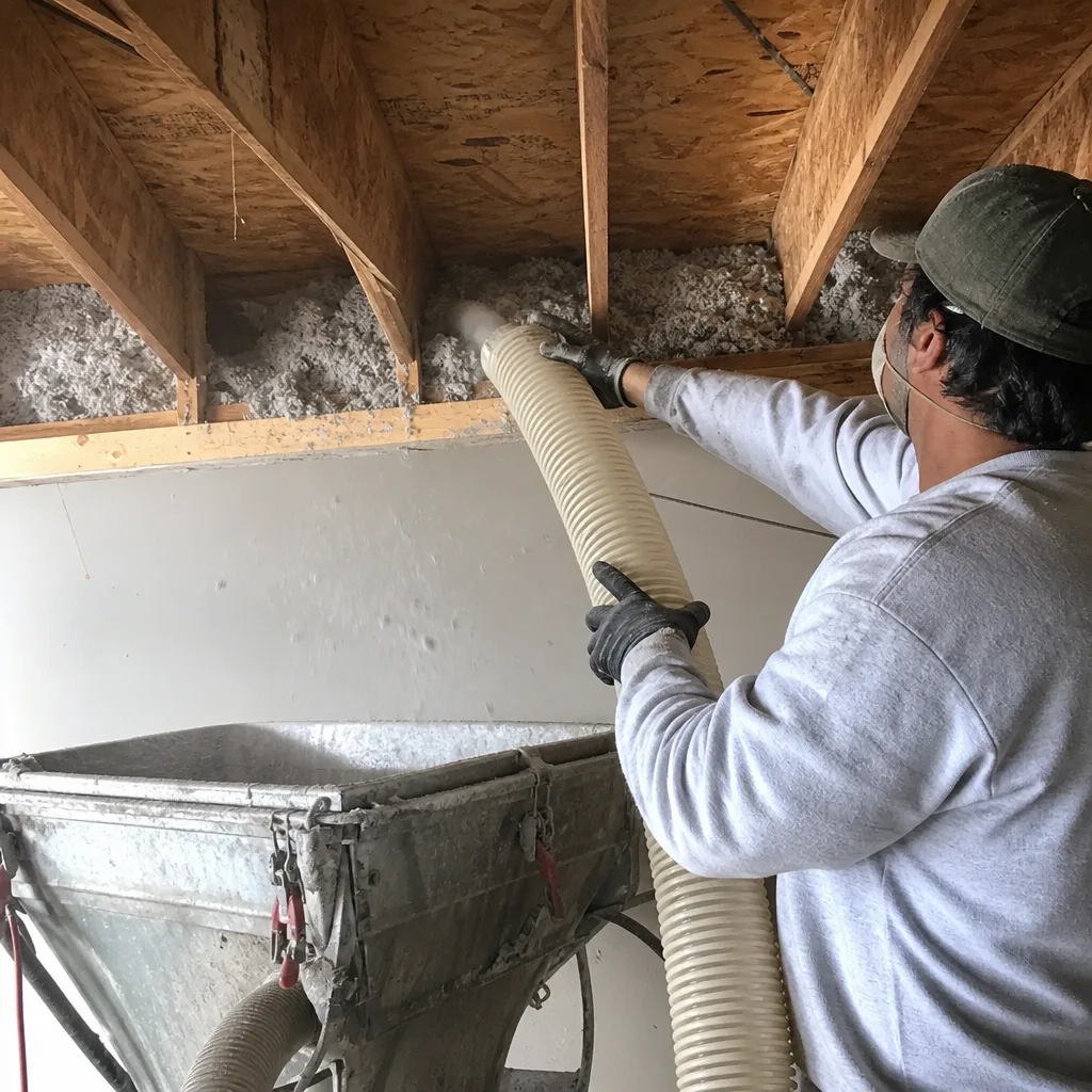 Worker installing blown-in insulation between ceiling joists in a building