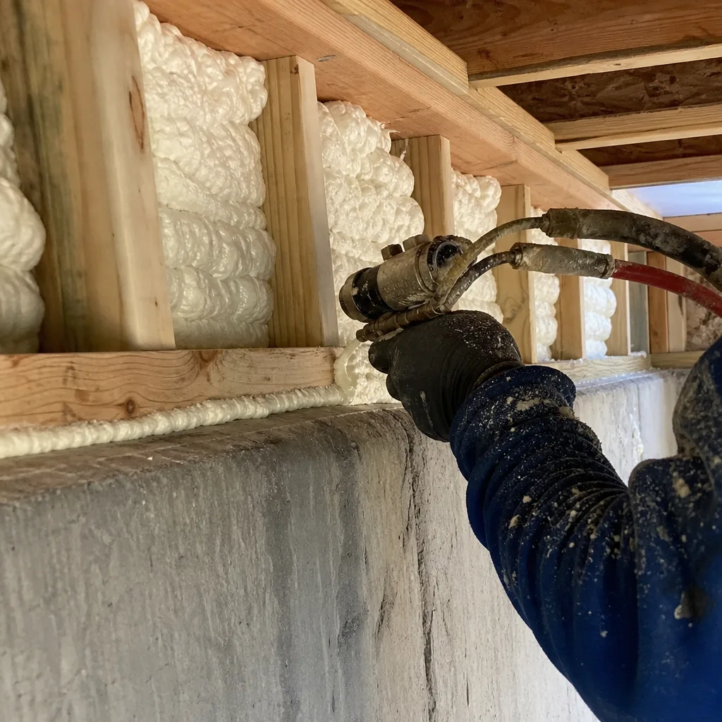 Professional applying spray foam insulation to residential wall framing