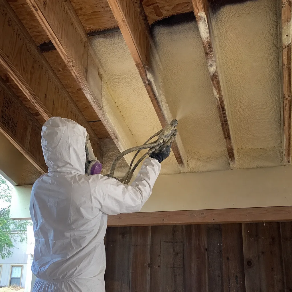 Contractor applying spray foam insulation to ceiling joists in protective gear.