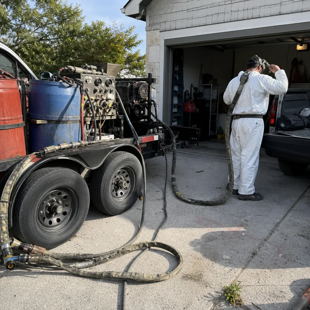 Technician in protective gear operating commercial spray foam insulation equipment